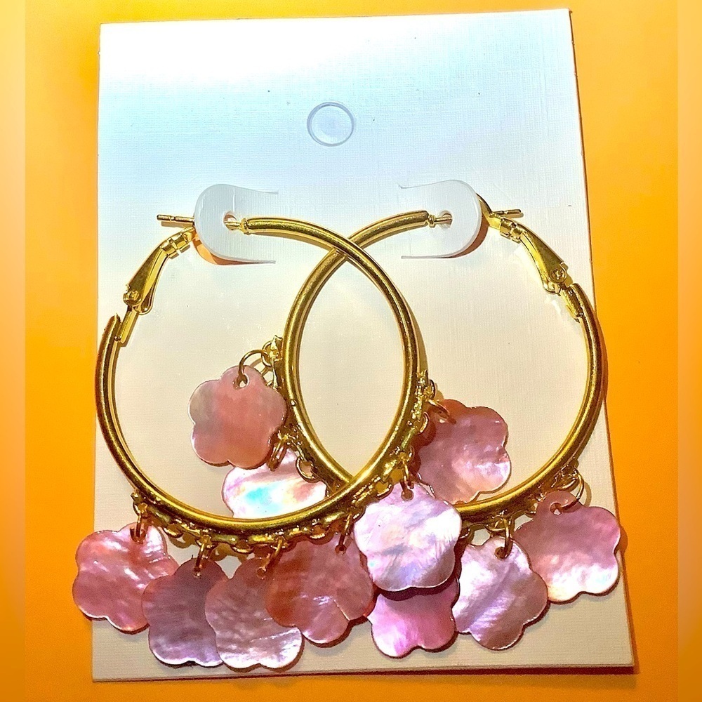 Pink Goldtone Hoop Earrings with Sea Shell Flowers